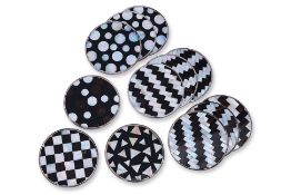 A SET OF 12 SILVER MOUNTED AND SHELL INLAID COASTERS