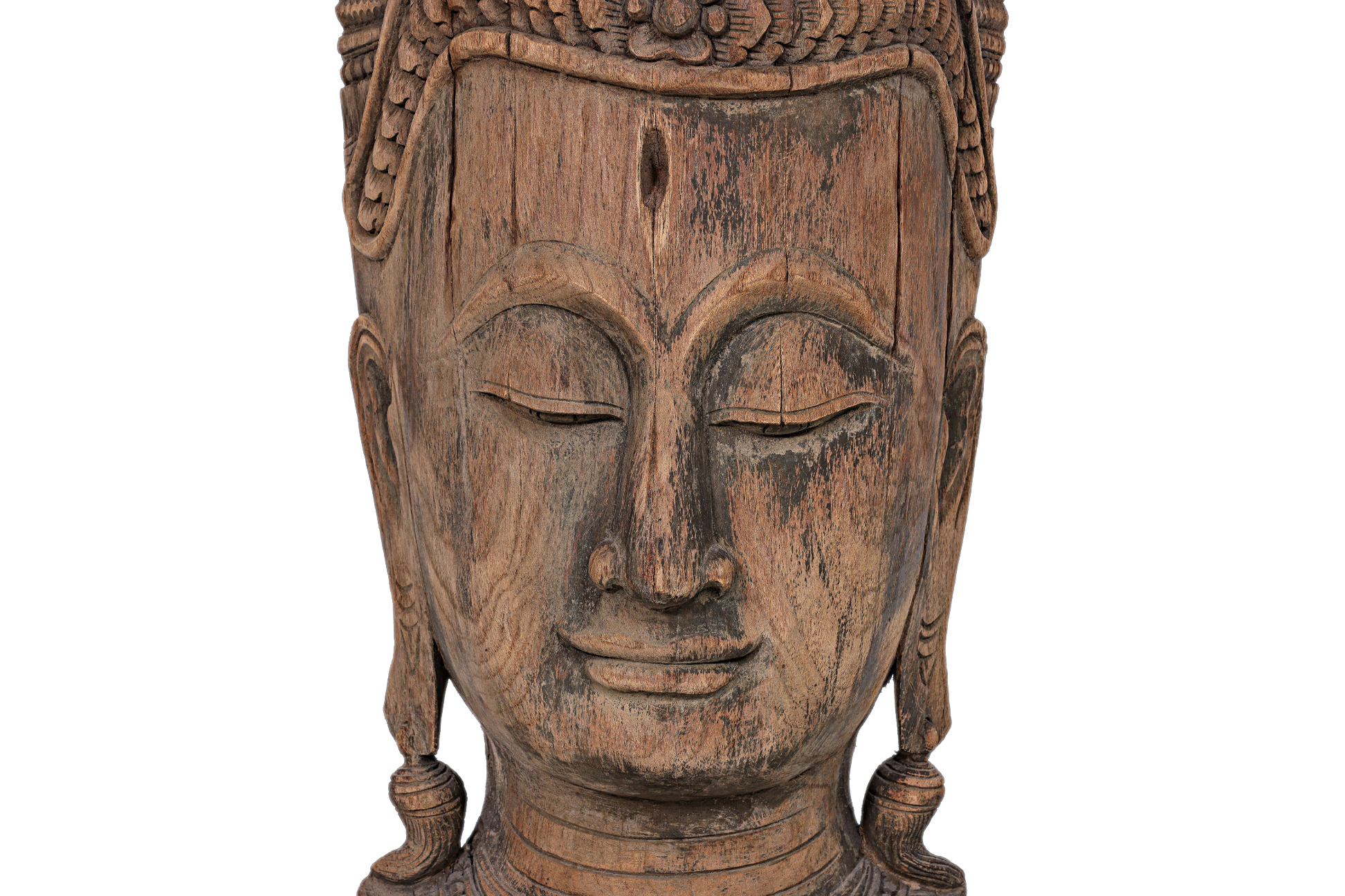 A CARVED WOOD HEAD OF A BODDHISATTVA ON STAND - Image 3 of 3