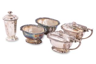 AN ENGLISH FIVE PIECE SILVER CONDIMENT SET