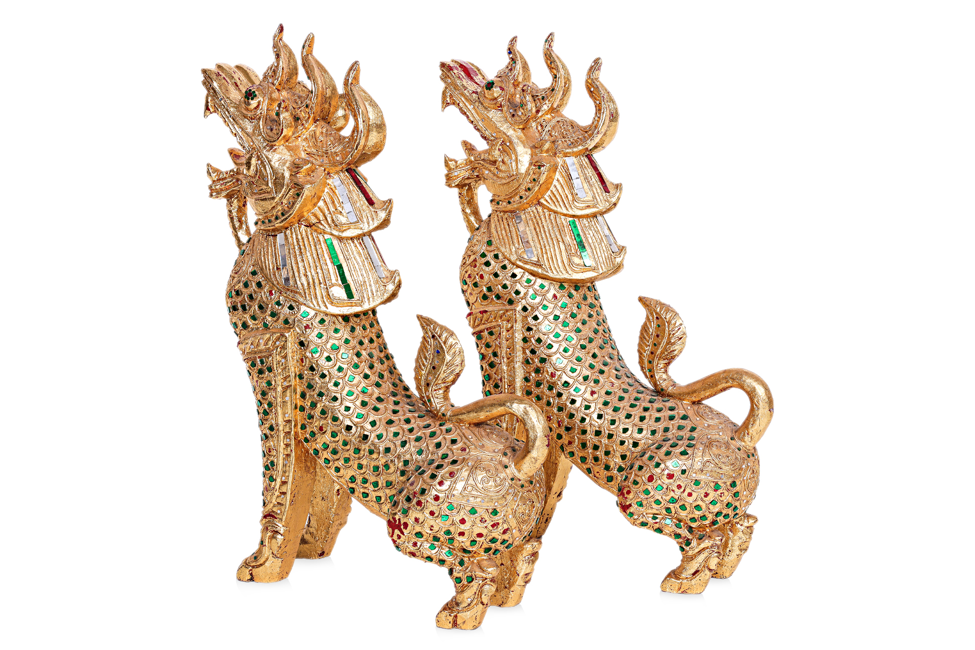 A PAIR OF GILTWOOD BURMESE LIONS - Image 2 of 3