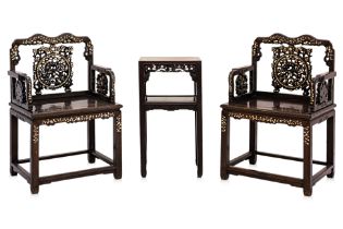 A PAIR OF MOTHER OF PEARL HARDWOOD ARMCHAIRS WITH SIDE TABLE