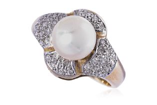 A CULTURED PEARL AND DIAMOND RING