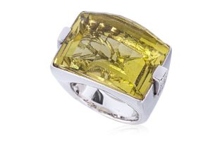 A LARGE LEMON QUARTZ AND DIAMOND RING