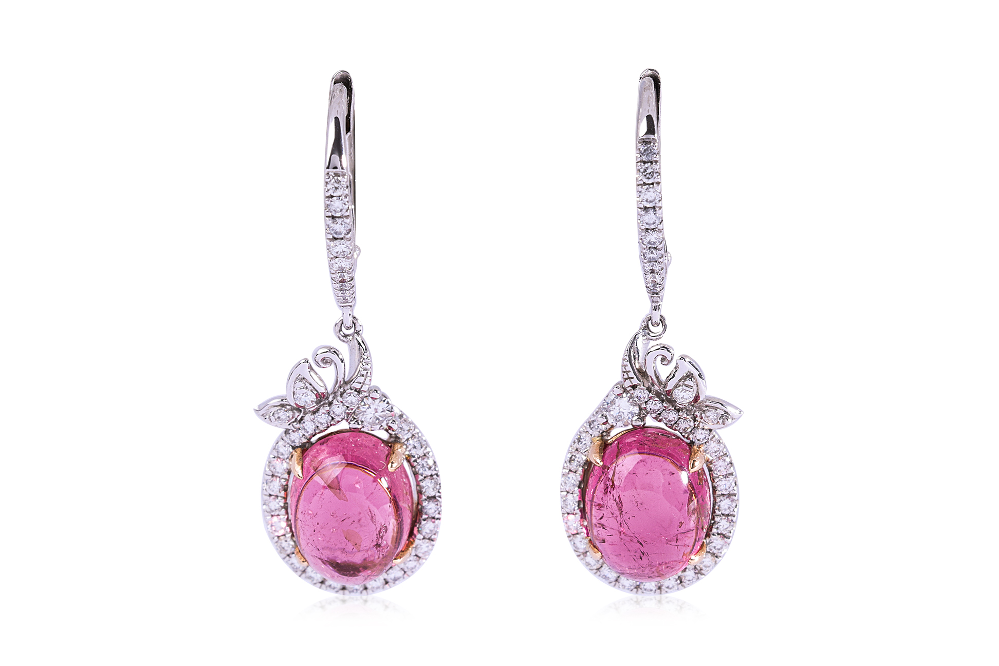 A PAIR OF PINK TOURMALINE AND DIAMOND EARRINGS