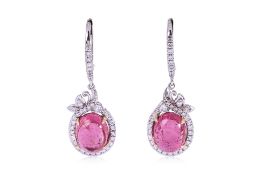 A PAIR OF PINK TOURMALINE AND DIAMOND EARRINGS