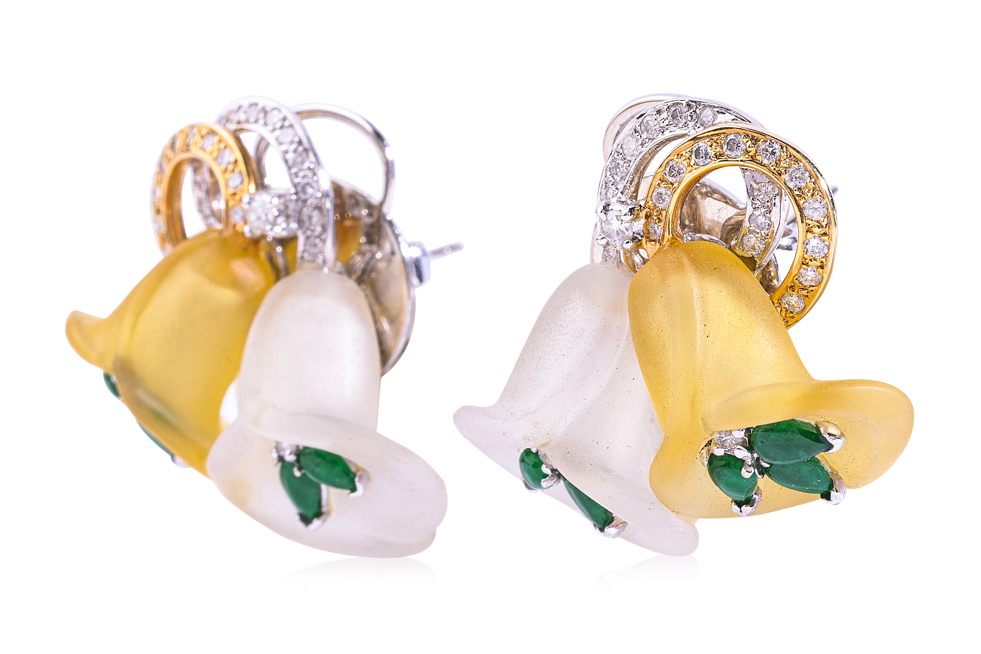 A PAIR OF JADE, GLASS AND DIAMOND 'CALLA LILY' STUD EARRINGS - Image 2 of 3