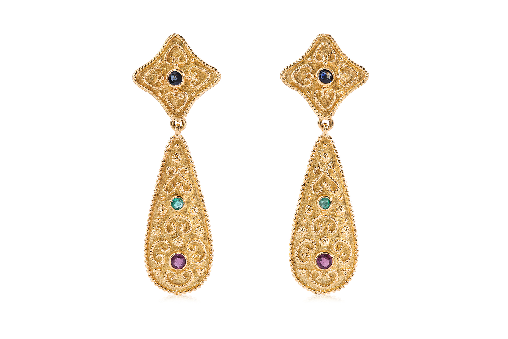 A PAIR OF REVIVAL STYLE MULTI GEM AND GOLD EARRINGS