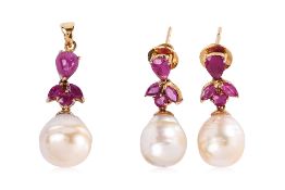 A MATCHING SET OF RUBY AND CULTURED PEARL JEWELLERY