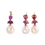 A MATCHING SET OF RUBY AND CULTURED PEARL JEWELLERY