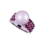 A CULTURED PEARL AND RUBY RING