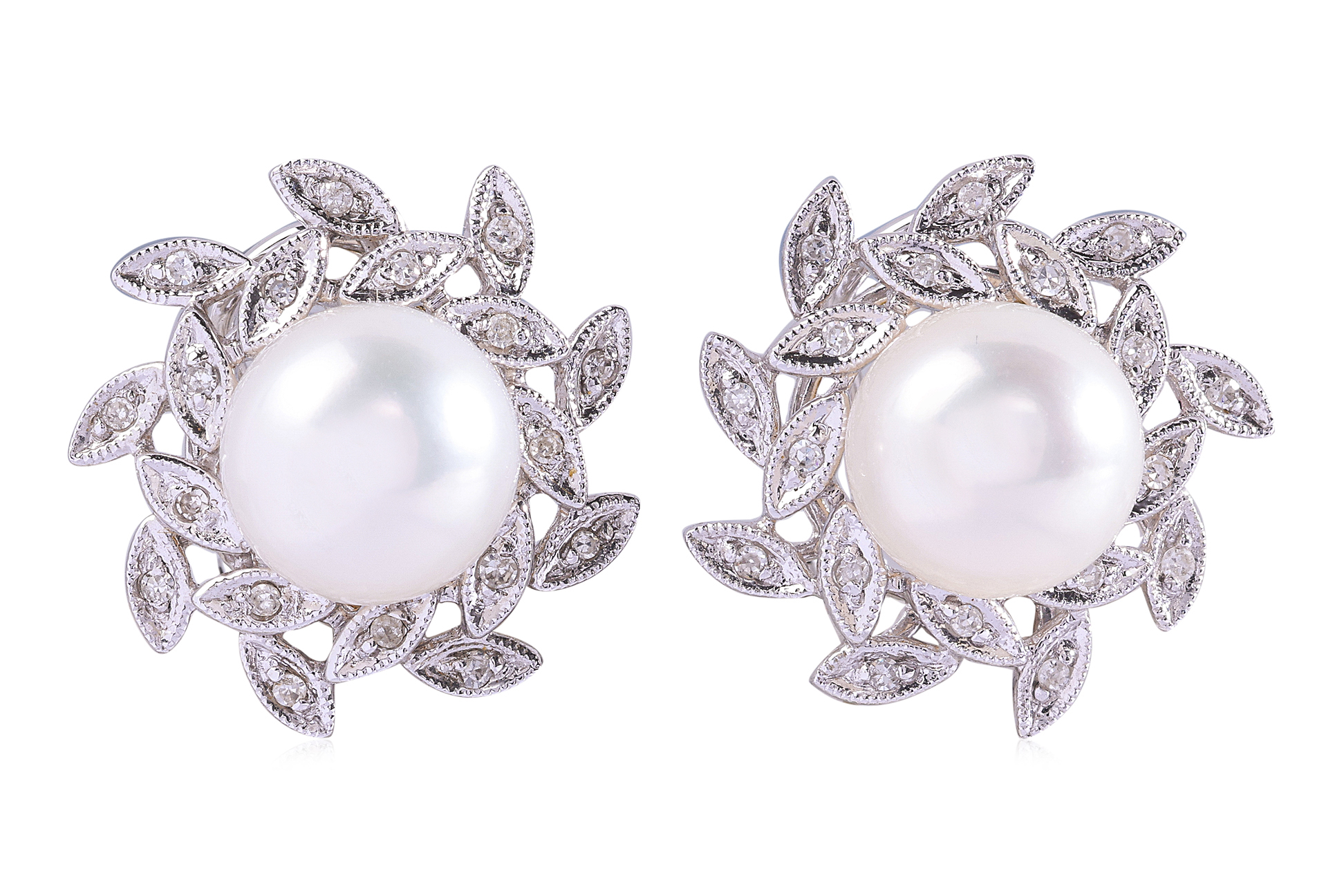 A PAIR OF CULTURED PEARL AND DIAMOND EARRINGS