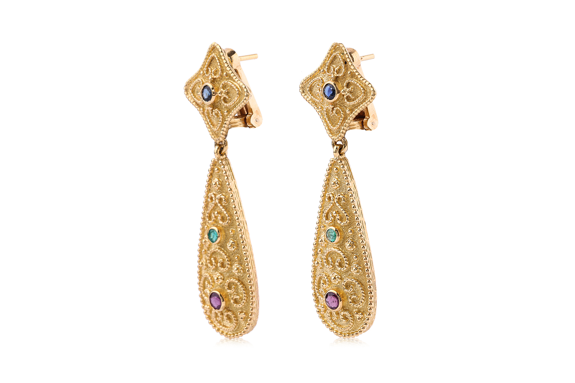 A PAIR OF REVIVAL STYLE MULTI GEM AND GOLD EARRINGS - Image 2 of 3