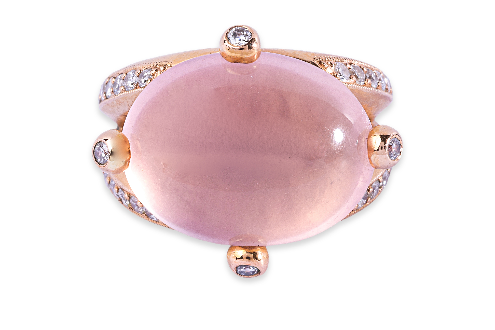 A ROSE QUARTZ CABOCHON AND DIAMOND RING - Image 2 of 4