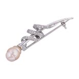 A CULTURED BAROQUE PEARL AND DIAMOND BROOCH