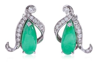 A PAIR OF TYPE A JADEITE AND DIAMOND CLIP ON EARRINGS