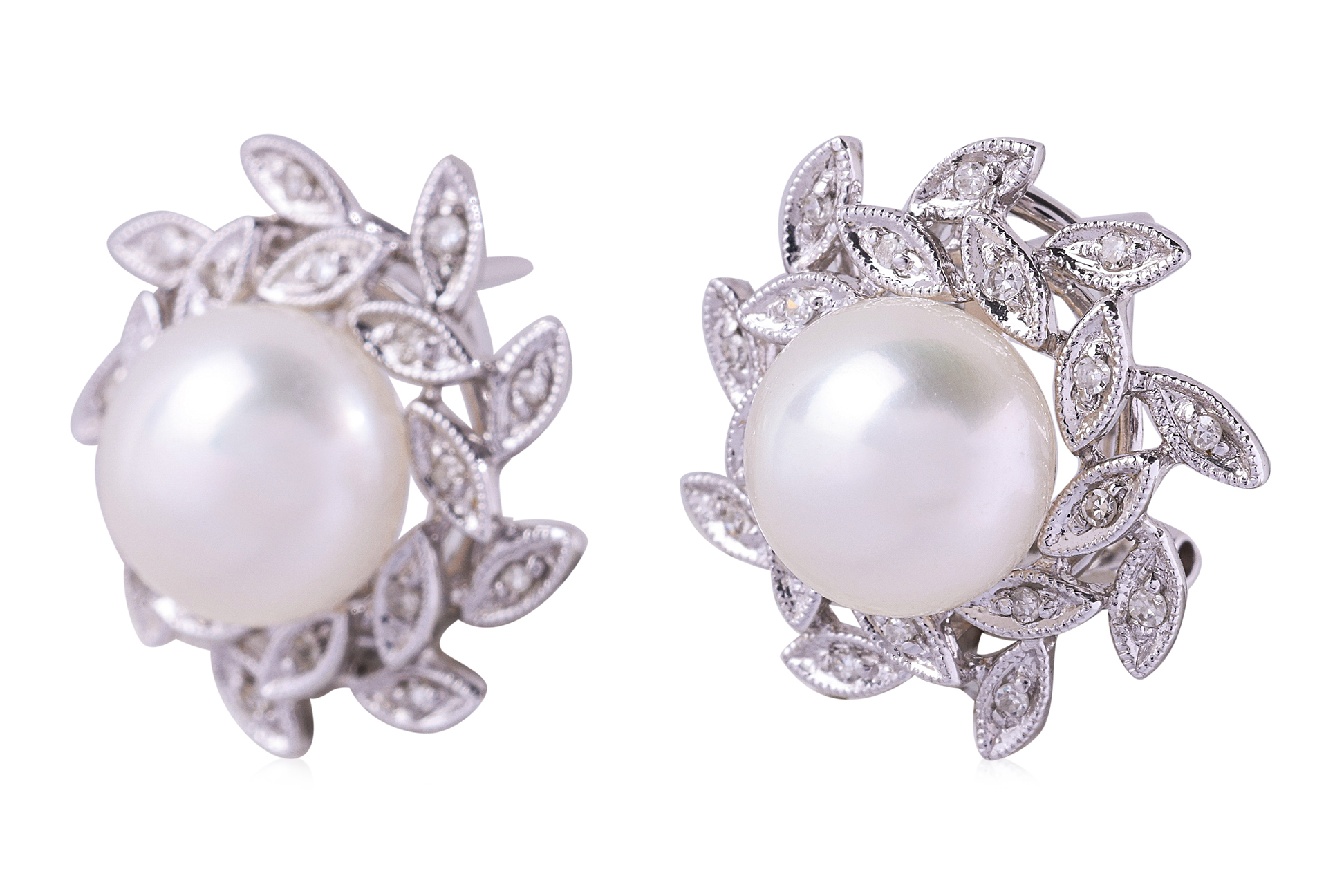 A PAIR OF CULTURED PEARL AND DIAMOND EARRINGS - Image 2 of 3