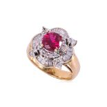 A SYNTHETIC RUBY AND DIAMOND RING