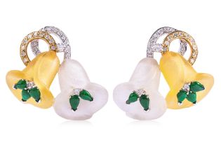 A PAIR OF JADE, GLASS AND DIAMOND 'CALLA LILY' STUD EARRINGS