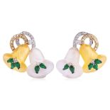 A PAIR OF JADE, GLASS AND DIAMOND 'CALLA LILY' STUD EARRINGS