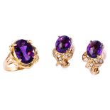 A PAIR OF AMETHYST CLIP EARRINGS AND AN AMETHYST RING