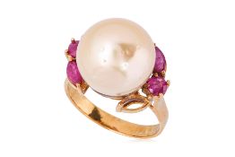A CULTURED SOUTH SEA PEARL AND RUBY RING