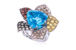 A BLUE TOPAZ, MULTI GEM AND DIAMOND 'FLOWER' RING