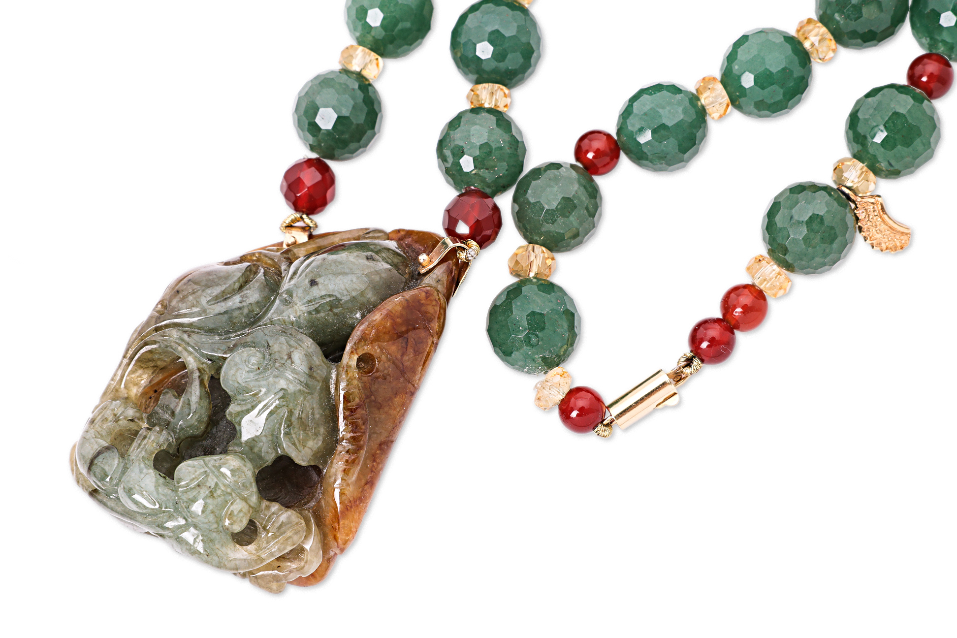 A LARGE CARVED JADE AND MULTI-GEM NECKLACE