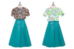 A MARNI TURQUOISE LEATHER SKIRT WITH TWO PRINTED TOPS