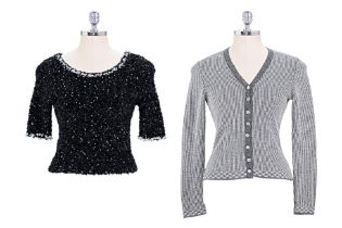 A CHRISTIAN DIOR BLACK WOOLY TOP AND SHINY KNIT CARDIGAN