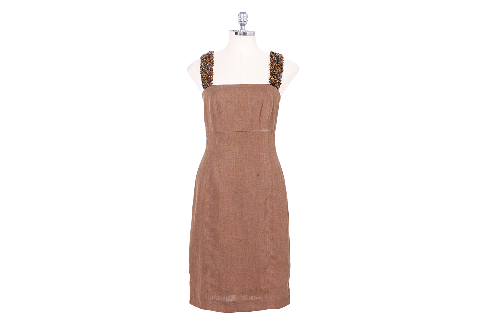 A FENDI BROWN SHIFT DRESS WITH SEMI-PRECIOUS EMBELLISHMENTS