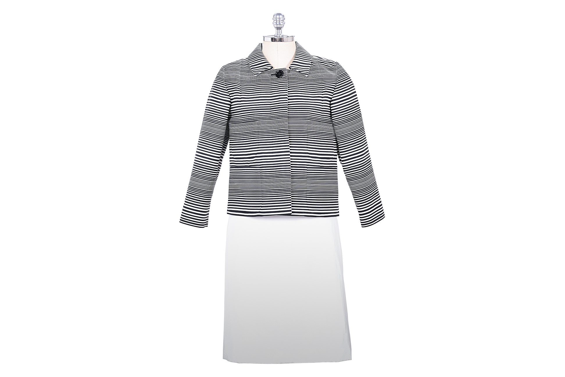 A MARC JACOBS STRIPED JACKET AND WHITE A-LINE SKIRT