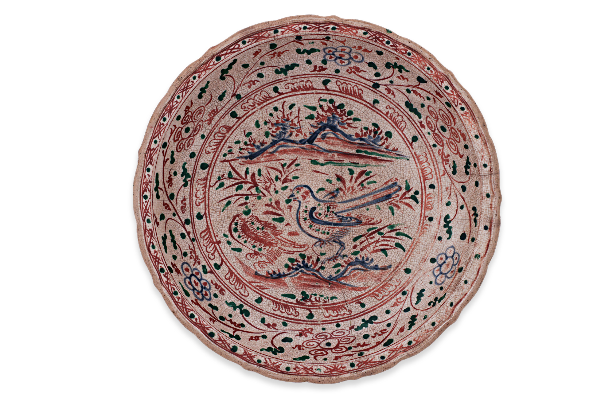 A LARGE VIETNAMESE POLYCHROME BIRD DISH