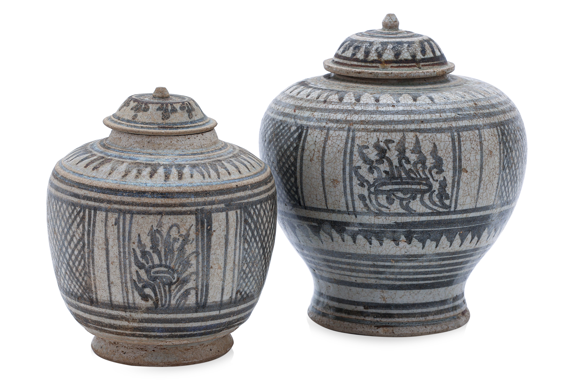 TWO THAI PAINTED JARS AND COVERS