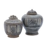 TWO THAI PAINTED JARS AND COVERS