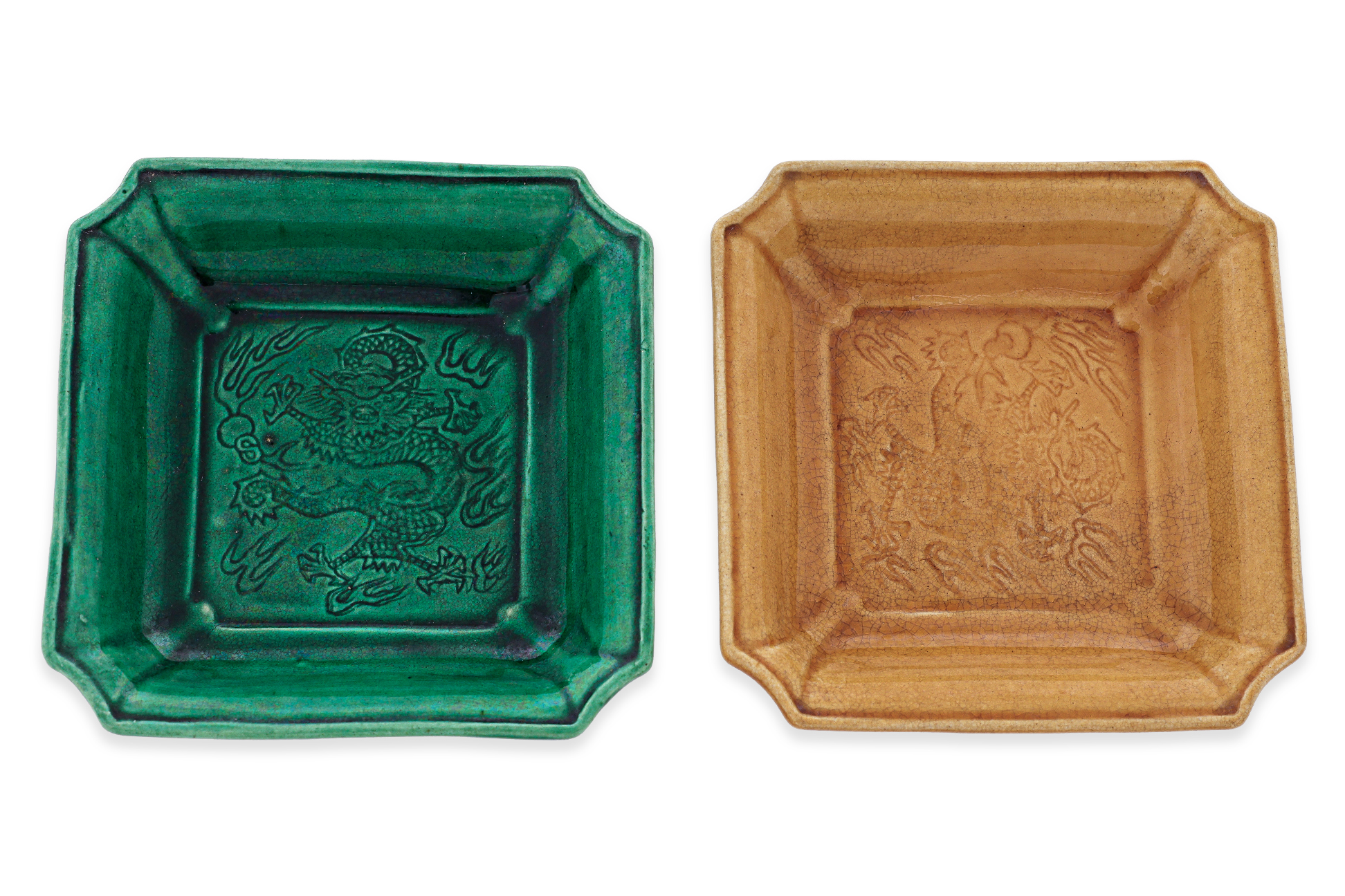 A GROUP OF TEN SMALL GREEN AND YELLOW GLAZED DRAGON DISHES - Image 2 of 3