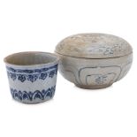 A VIETNAMESE BLUE AND WHITE BOX AND BEAKER