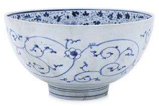 A LARGE BLUE AND WHITE LOTUS BOWL