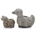 TWO GREEN GLAZED ZOOMORPHIC WATER DROPPERS