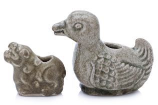 TWO GREEN GLAZED ZOOMORPHIC WATER DROPPERS