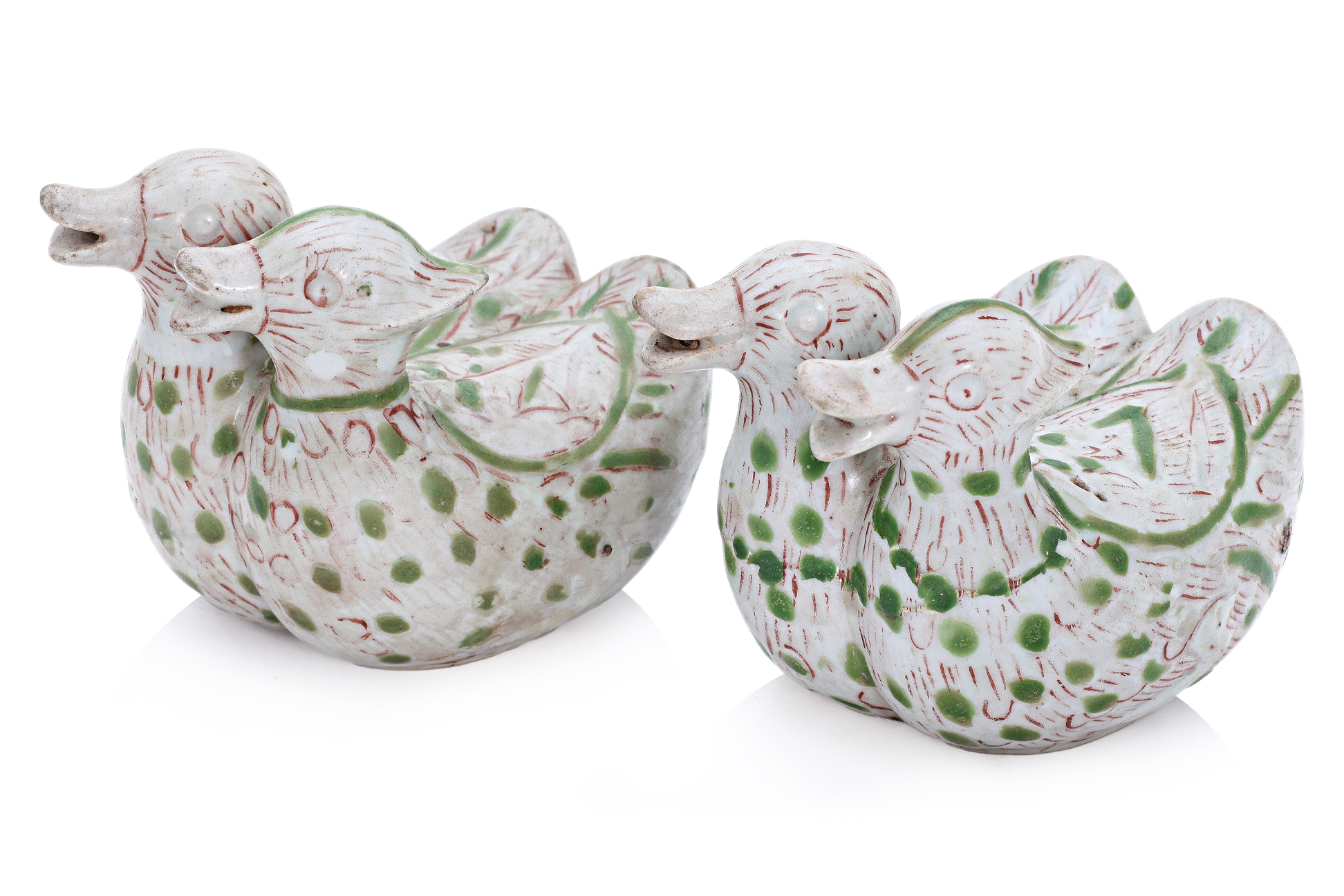 A PAIR OF ENAMEL DECORATED TWIN DUCK WATER POTS
