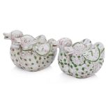 A PAIR OF ENAMEL DECORATED TWIN DUCK WATER POTS