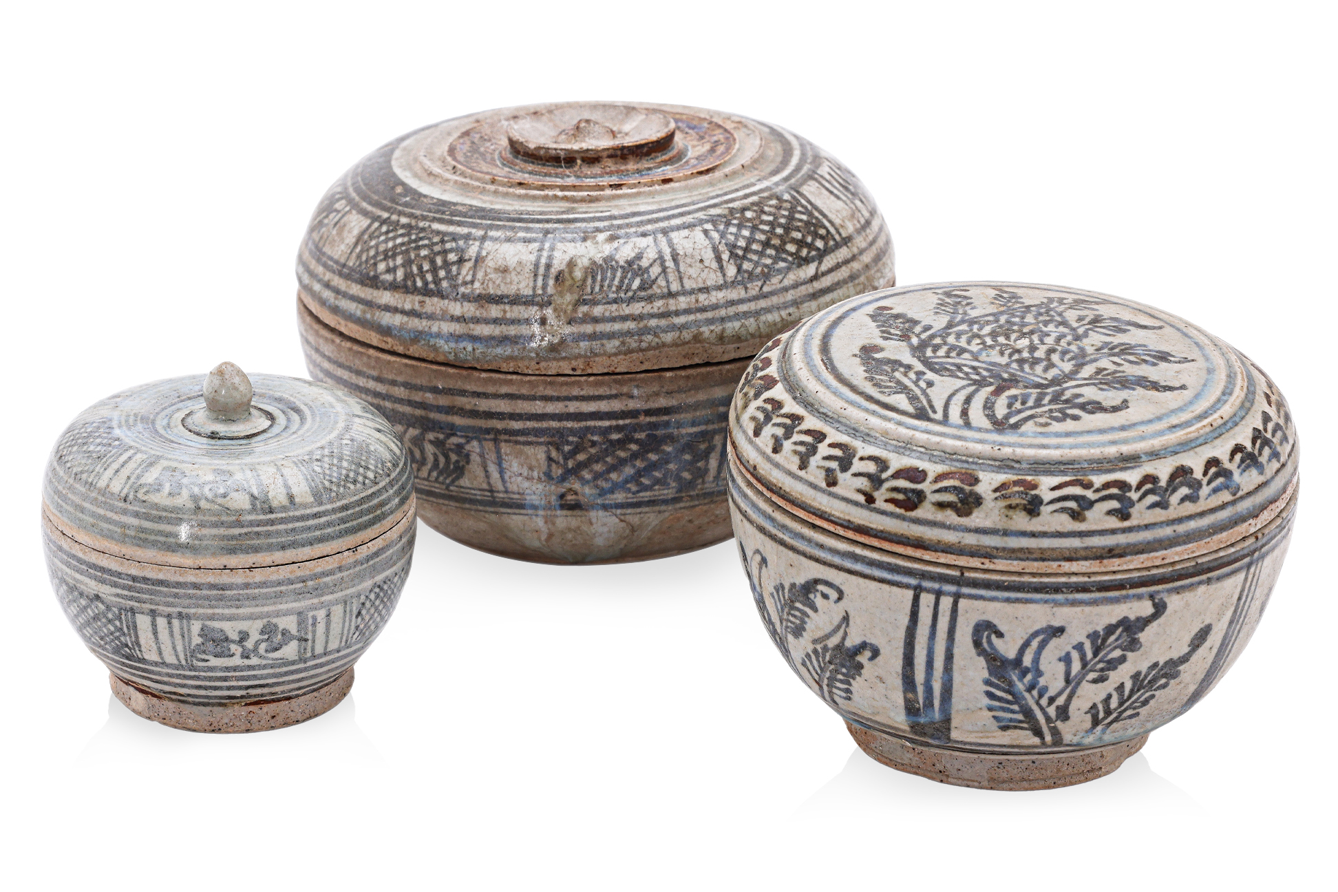 A GROUP OF THREE THAI BOXES AND COVERS