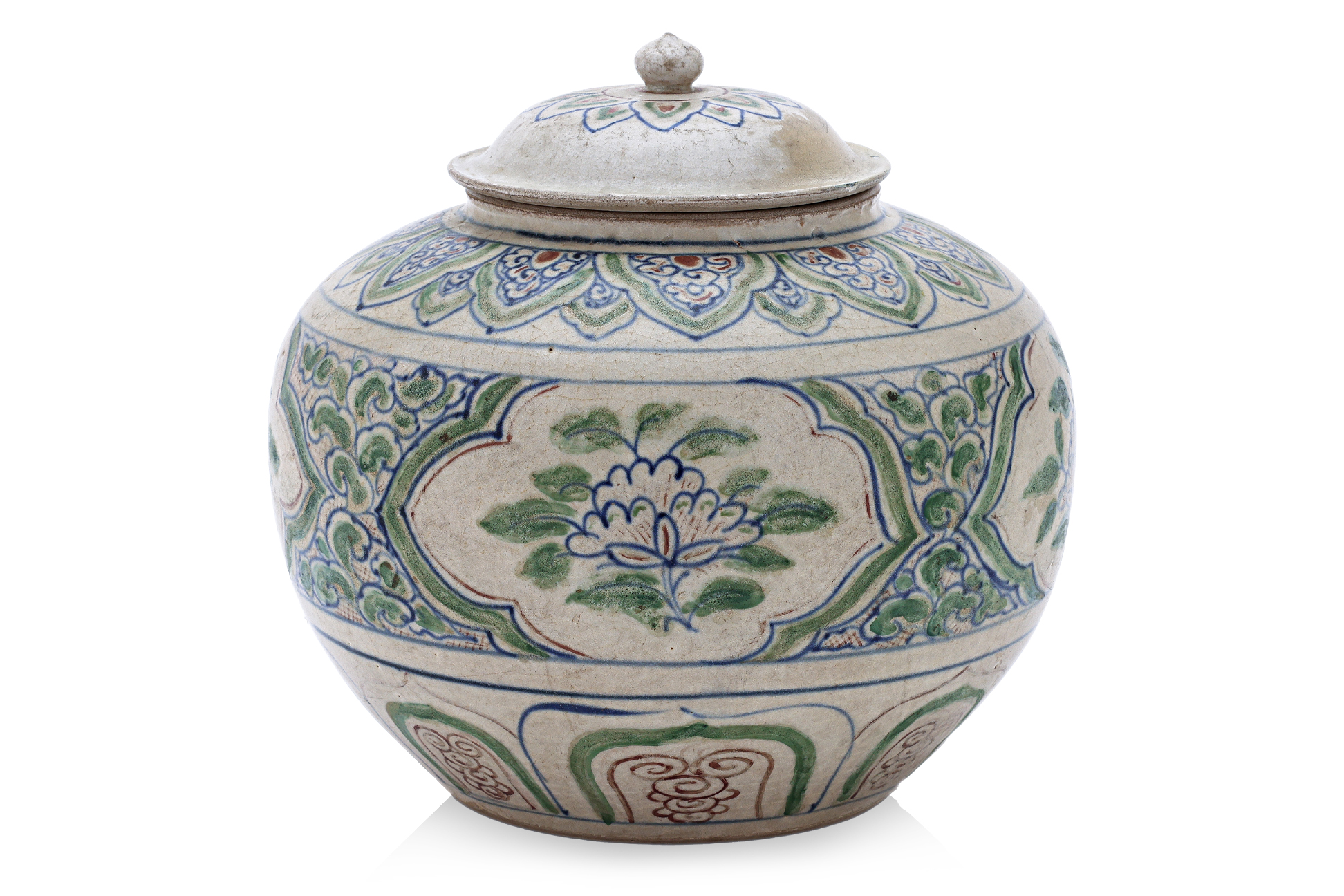 A LARGE VIETNAMESE POLYCHROME JAR AND COVER