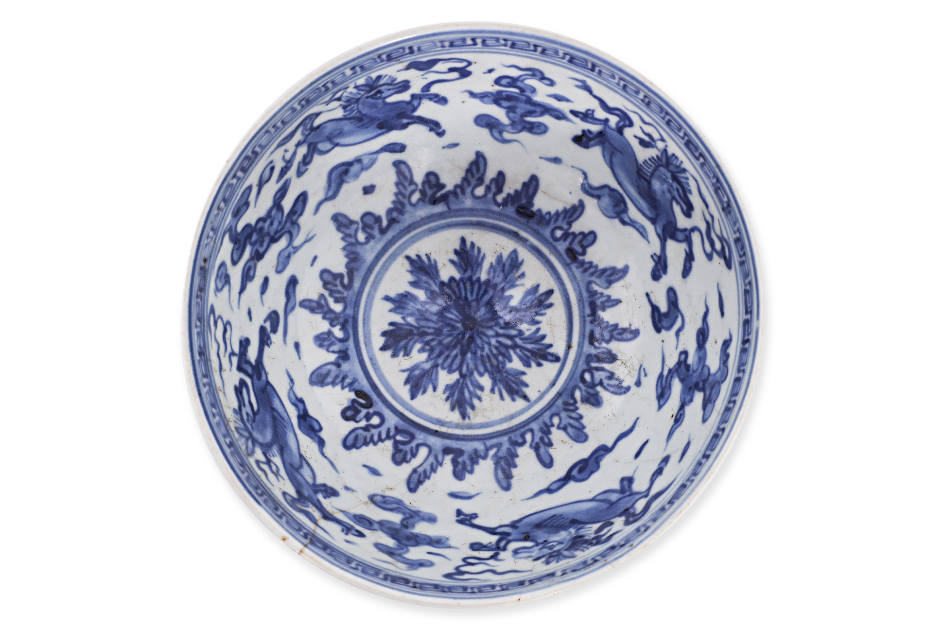 A BLUE AND WHITE PORCELAIN 'FLYING HORSES' BOWL - Image 2 of 9