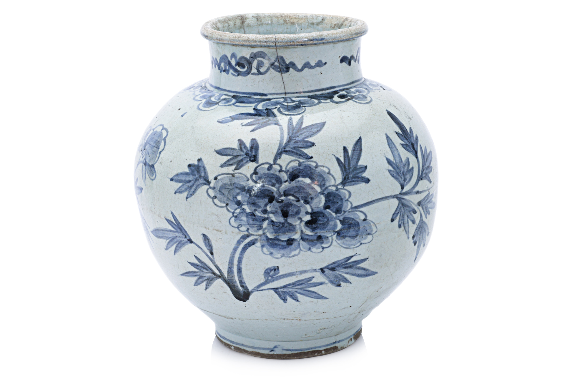 A LARGE KOREAN BLUE AND WHITE PEONY JAR