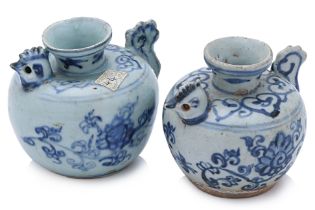 A PAIR OF BLUE AND WHITE PORCELAIN CHICKEN WATER DROPPERS