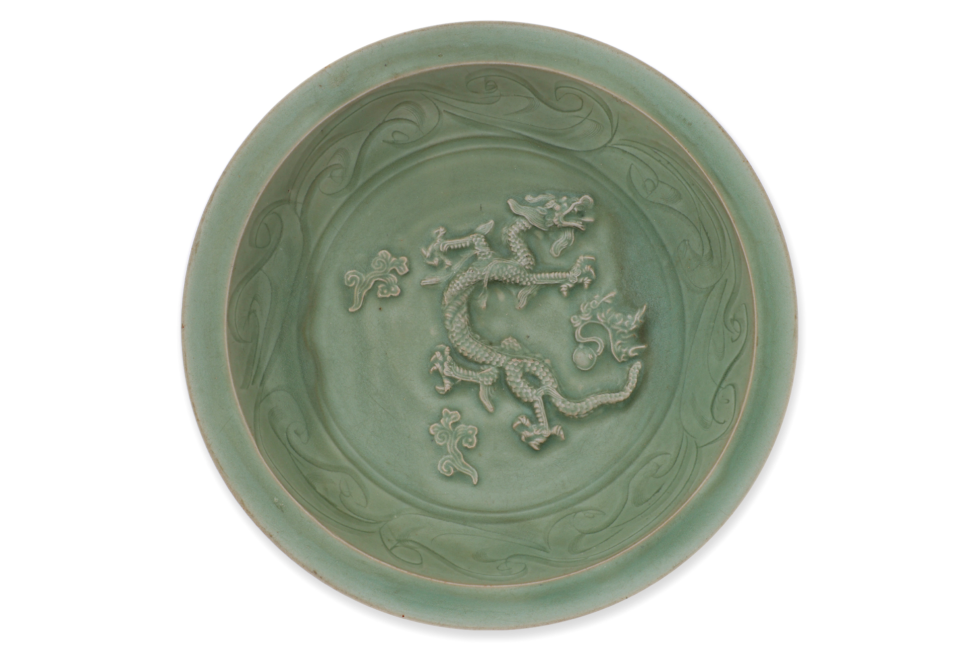 A LARGE LONGQUAN CELADON DRAGON DISH