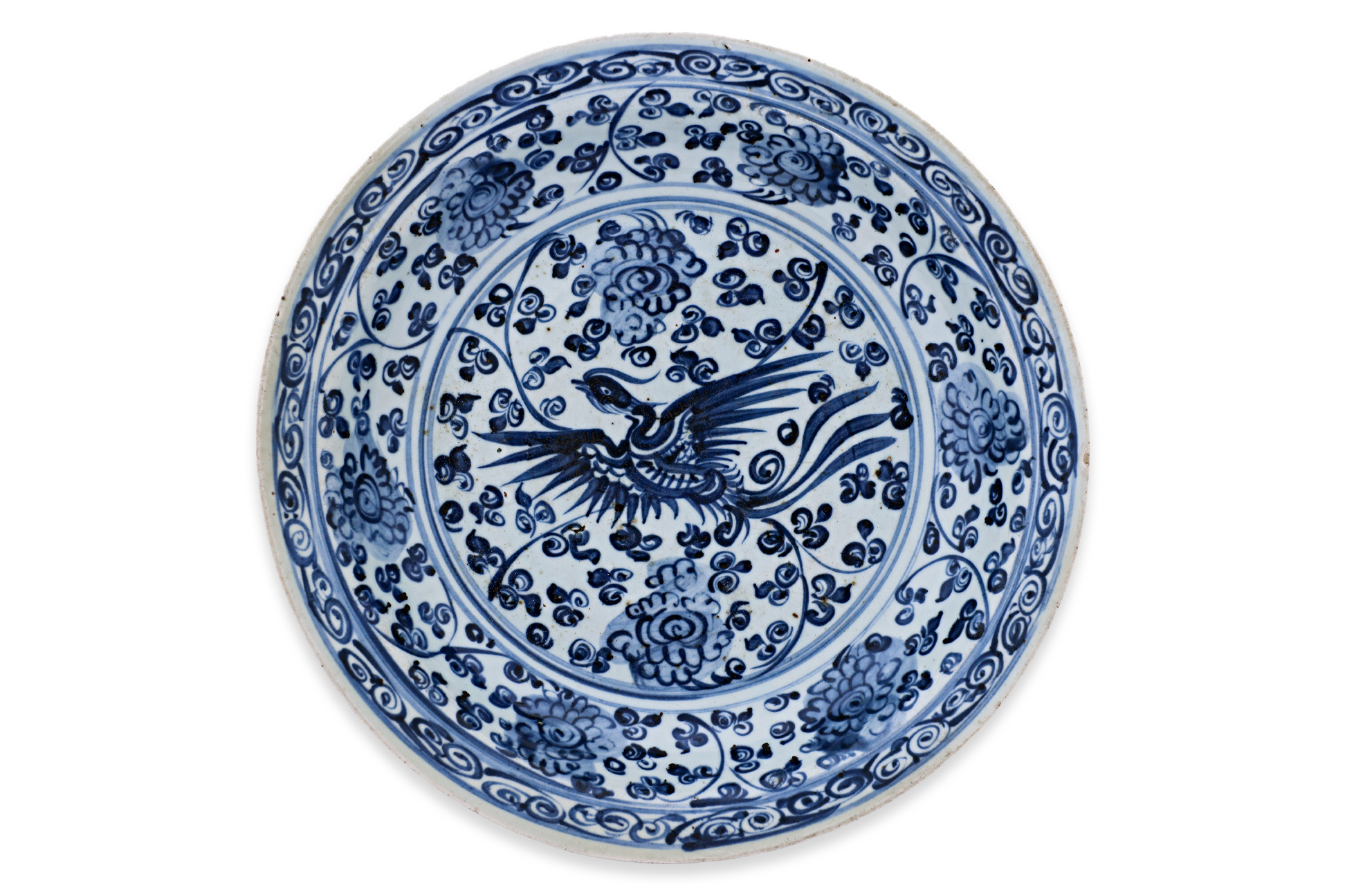 A BLUE AND WHITE PHOENIX DISH