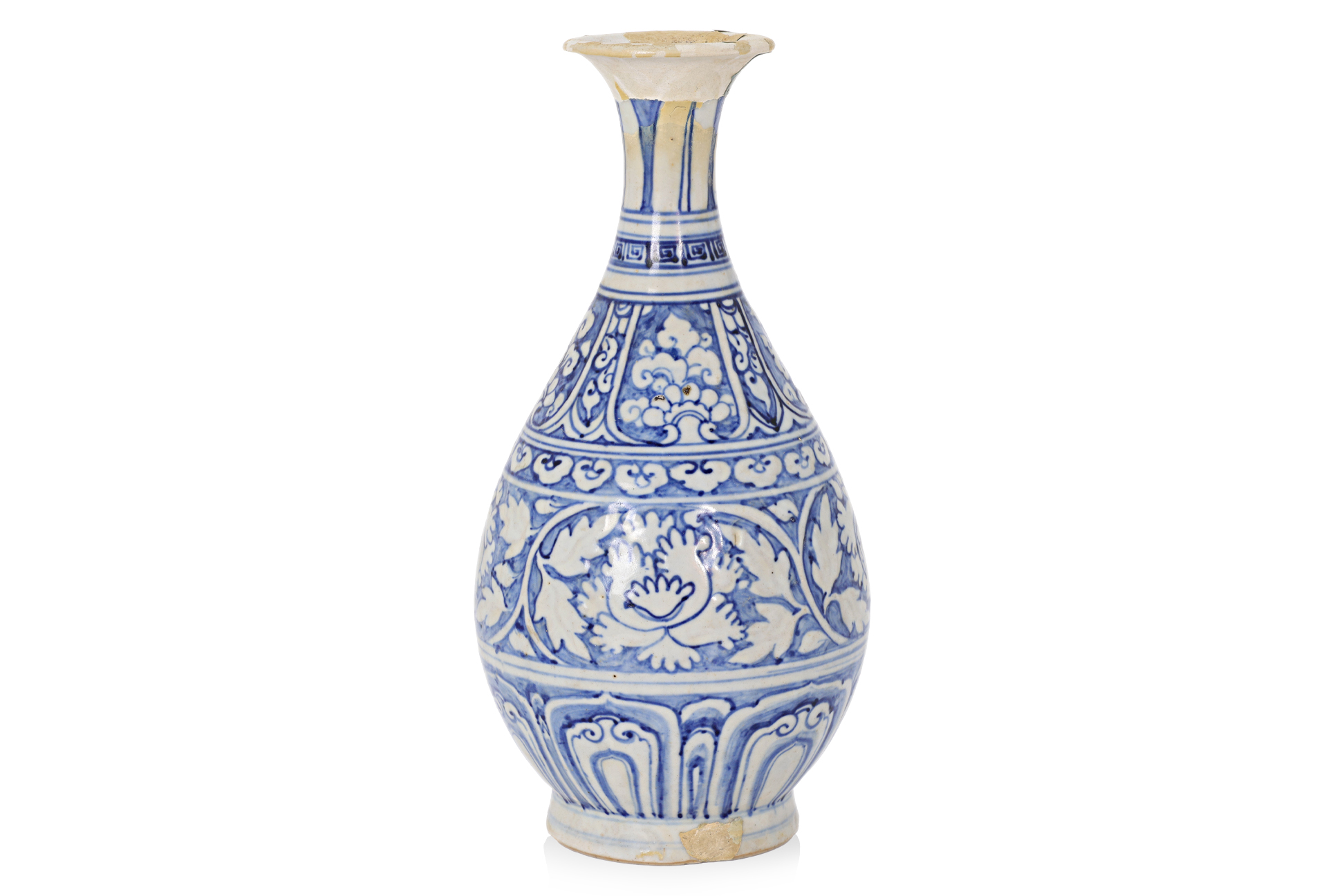 A VIETNAMESE MOULDED BLUE AND WHITE PEAR SHAPED BOTTLE VASE