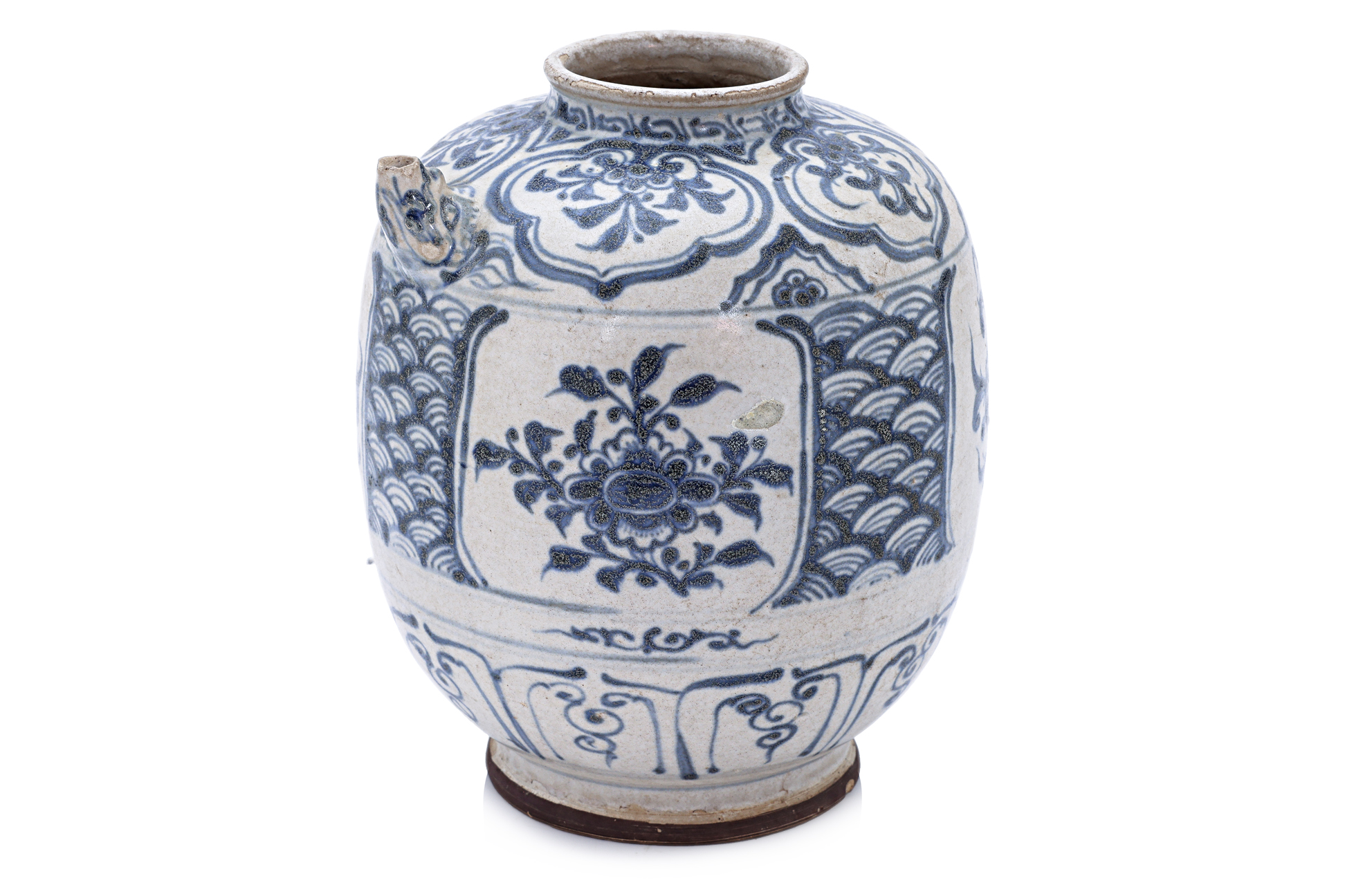 A VIETNAMESE BLUE AND WHITE WINE JAR WITH FIGURAL SPOUT